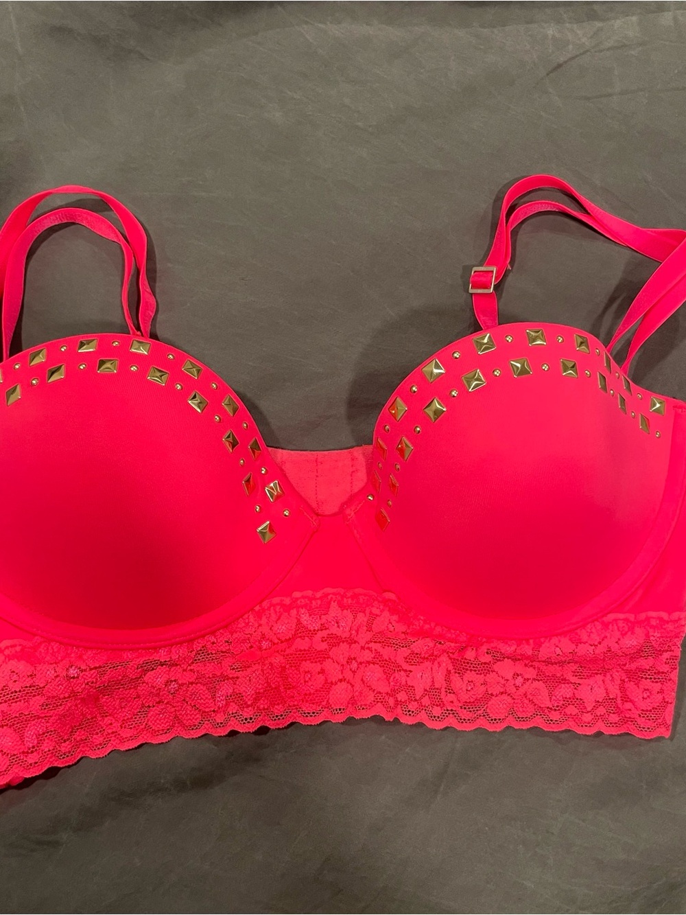 Victoria's Secret Neon Pink Longline Lace Bra with Gold Stud Accents